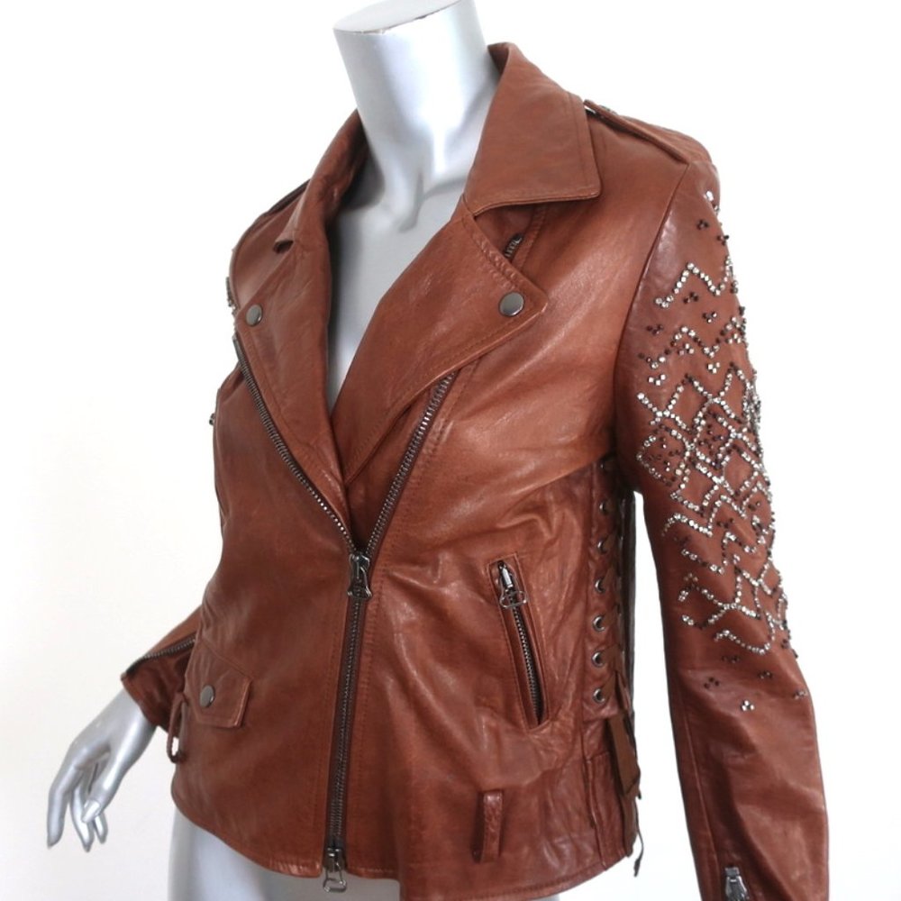 3.1 PHILLIP LIM CRYSTAL-EMBELLISHED LEATHER MOTORCYCLE JACKET BROWN SIZE 6 - Picture 5 of 10